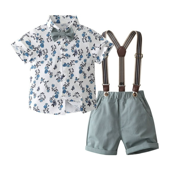 Kids Toddler Boys Shorts Set Casual Short Sleeved Suit Blue And Shirt Strap Shorts Two Piece Clothes Set Summer Outfits,Size 5 Years 6 Years