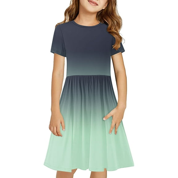 Kids Toddler Christmas Dress Girls Short Sleeve Dress Gradient Printed Casual a Line Skater Dresses T-Shirt Dress for School Girls' Special Occasion Dresses Green 13Y