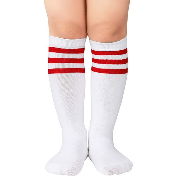 Kids Toddler Cotton Three Stripes Sport Soccer Team Socks Uniform Tube Cute Knee High Stocking for Boys Girls