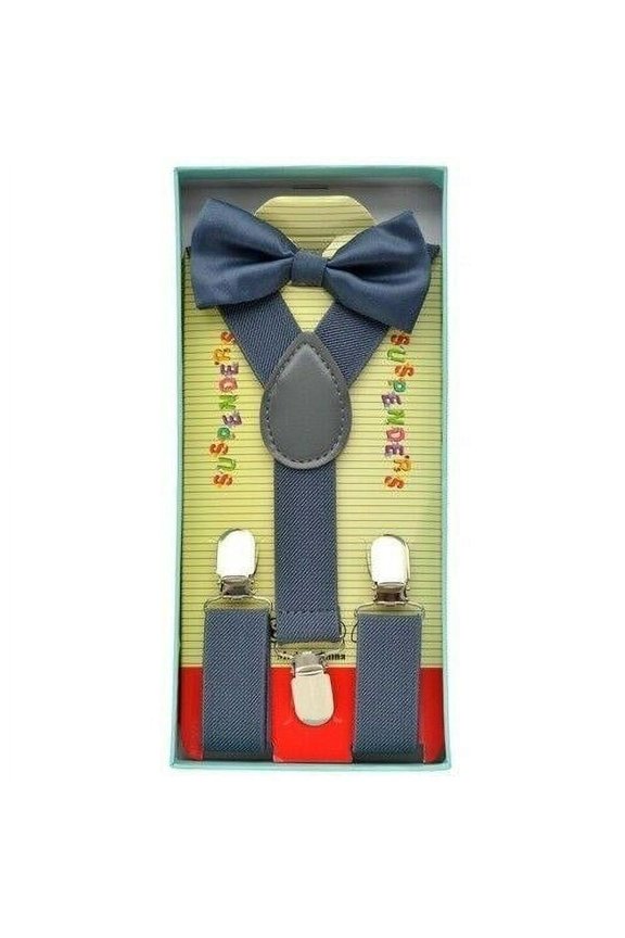 Kids Toddler Dark Grey Gray BOXED GIFT Set SUSPENDERS And BOW TIE Matching - New with box/tags