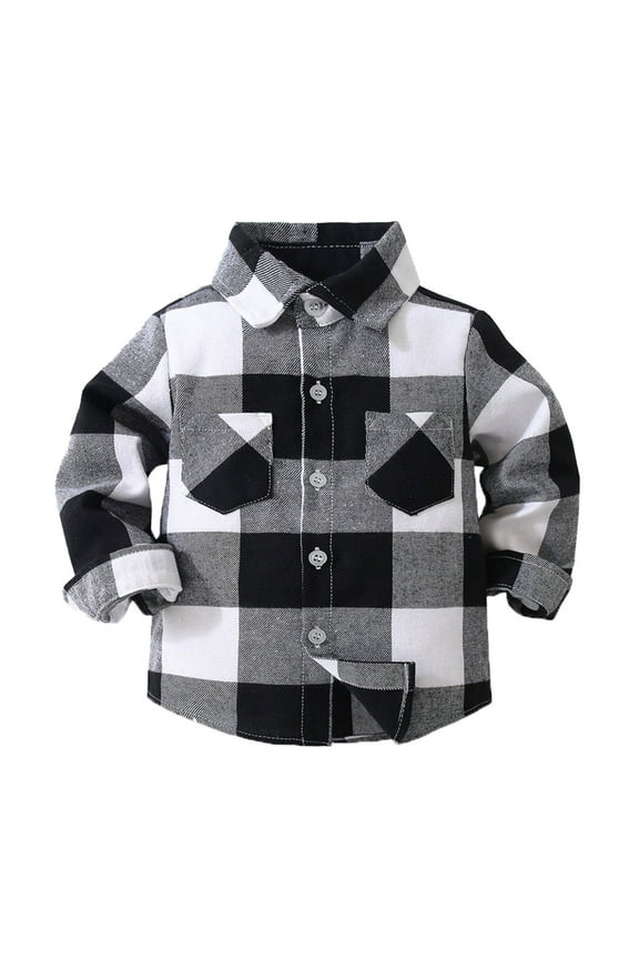 Kids Toddler Flannel Jacket Plaid Long Sleeve Lapel Button Down Baby Boys Girls Shirt Top Coat Outwear Black 90