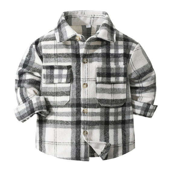 Kids Toddler Flannel Jacket Plaid Long Sleeve Lapel Button Down Shacket Baby Boys Girls Shirt Top Coat Outwear Grey Playwear For Kids 3 Years-4 Years