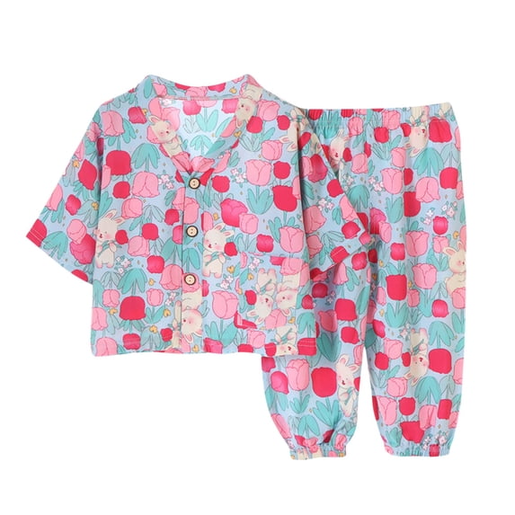 Kids Toddler Girls 3/4 Sleeve Lounge Sets 2 Piece Casual Outfits Button Down Tops Pants Summer Fall Cotton Cute Clothes 4 Years, Hot Pink