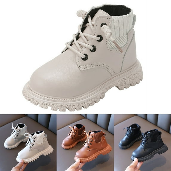 Kids Toddler Girls Boys PU Leather Ankle Boots Lace Up Waterproof Combat Shoes