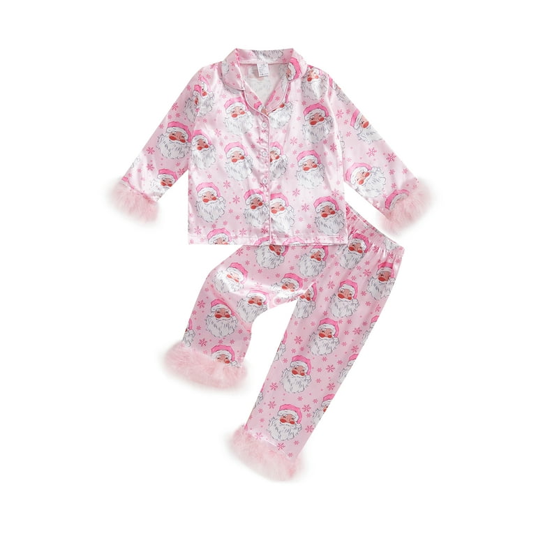 Kids Toddler Girls Christmas Silk Satin Pajamas Set Feather Trim