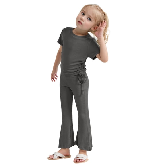 Kids Toddler Girls Clothes Solid Short Sleeve Drawstring Top   Flare Leg Pants Outfits 2pcs Summer Clothing Set