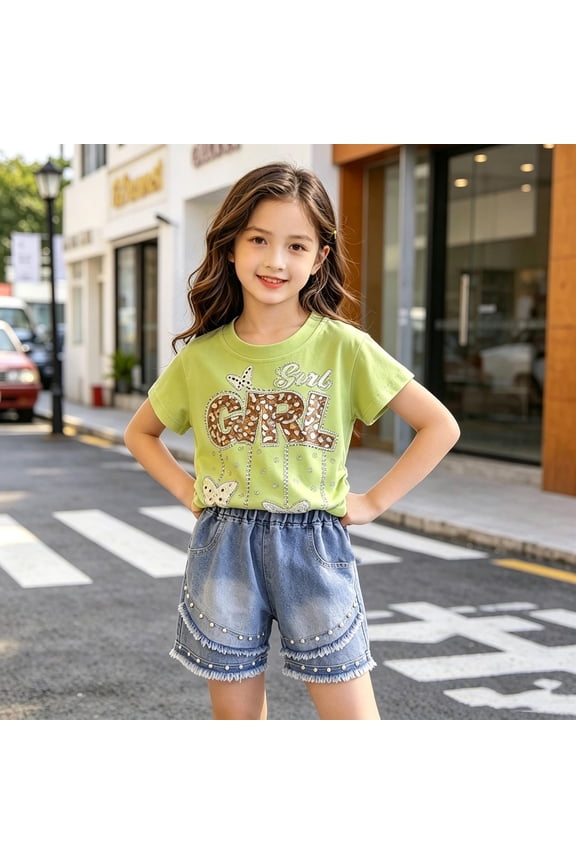 Kids Toddler Girls Clothes Sparkle Letter Graphic Print Short Sleeve T Shirt Pearl Beaded Frayed Denim Shorts 2 Piece Outfit Casual Summer Boutique Playwear Sets