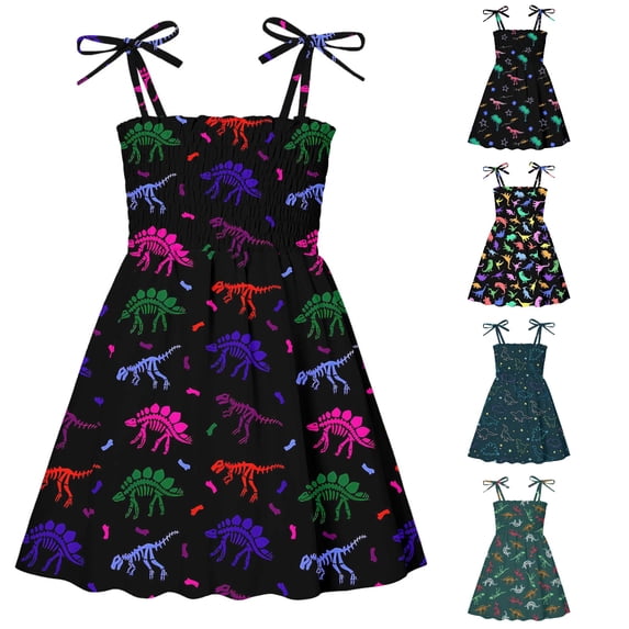 Kids Toddler Girls Dress Dinosaur Print Tie Strap Sleeveless Smocked Bodice Summer Dresses for Beach Vacation Casual Boho Sundress