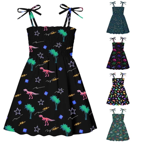 Kids Toddler Girls Dress Dinosaur Print Tie Strap Sleeveless Smocked Bodice Summer Dresses for Beach Vacation Casual Boho Sundress