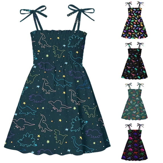 Kids Toddler Girls Dress Dinosaur Print Tie Strap Sleeveless Smocked Bodice Summer Dresses for Beach Vacation Casual Boho Sundress