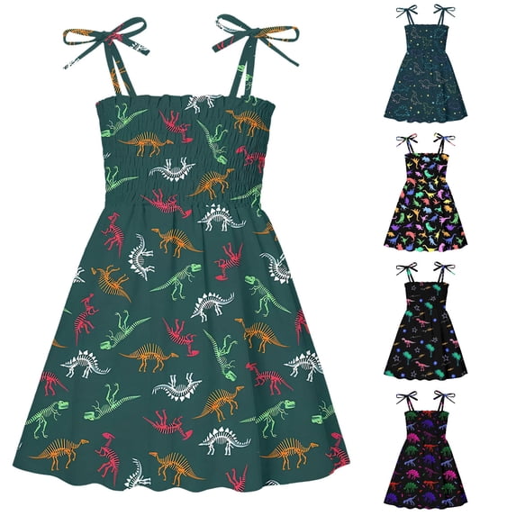 Kids Toddler Girls Dress Dinosaur Print Tie Strap Sleeveless Smocked Bodice Summer Dresses for Beach Vacation Casual Boho Sundress