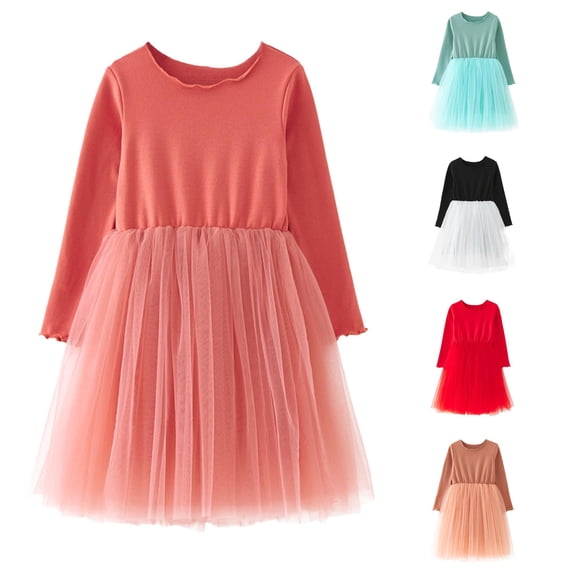 Kids Toddler Girls Dress Long Sleeve Crew Neck Tulle Patchwork Skater Dresses for Casual Vacation Outing Cute Princess Dress