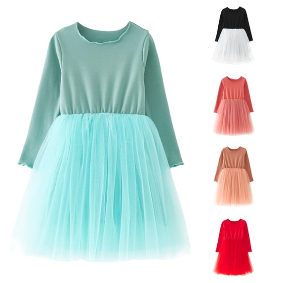 Kids Toddler Girls Dress Long Sleeve Crew Neck Tulle Patchwork Skater Dresses for Casual Vacation Outing Cute Princess Dress