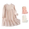 thumbnail image 1 of Kids Toddler Girls Dress Ribbed Stitching Mesh Long Sleeve Crew Neck A-Line Dresses for Summer Vacation Casual Beach Fall Dress, 1 of 4