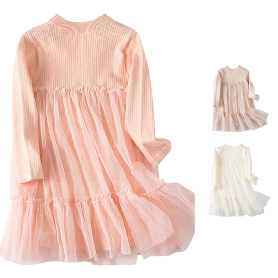 Kids Toddler Girls Dress Ribbed Stitching Mesh Long Sleeve Crew Neck A-Line Dresses for Summer Vacation Casual Beach Fall Dress