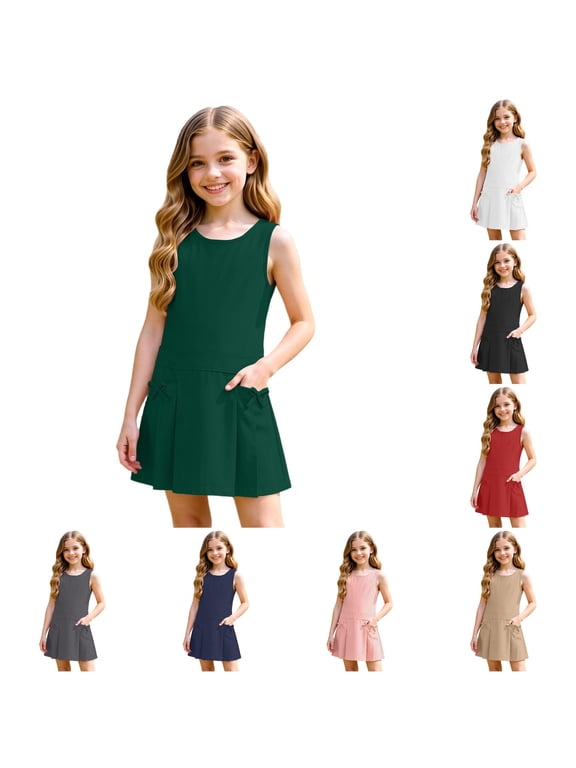 Kids Toddler Girls Dress Solid Color Sleeveless Front Pocket Pinafore Dresses Campus Casual School Uniform Sundress
