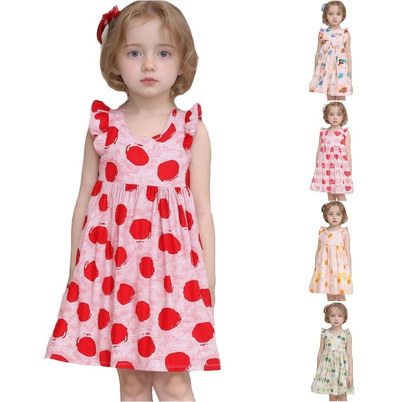 Kids Toddler Girls Dress Sweet Apple Fruit Print Flutter Sleeve Crew Neck A-Line Summer Dresses for Vacation Outing Casual Boho Sundress