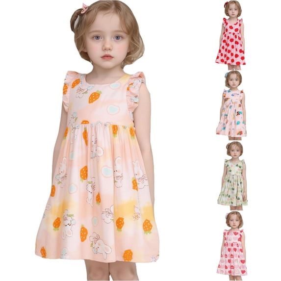 Kids Toddler Girls Dress Sweet Apple Fruit Print Flutter Sleeve Crew Neck A-Line Summer Dresses for Vacation Outing Casual Boho Sundress