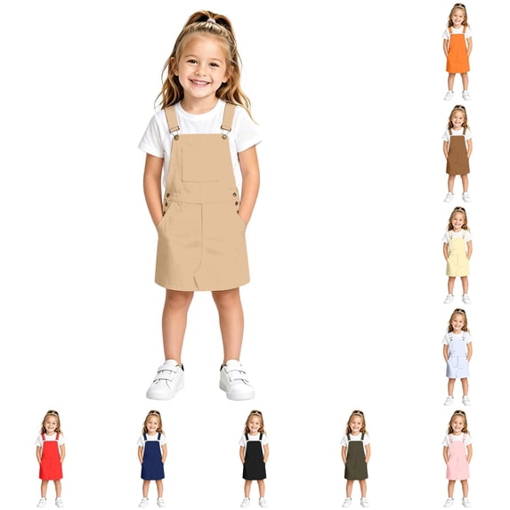 Kids Toddler Girls Dress Versatile Solid Color Sleeveless Square Neck Pocket Front Overall Dresses for School Vacation Casual Sundress