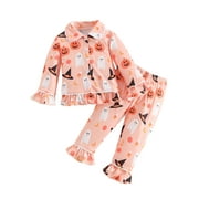 SPEWAHOR Kids Toddler Girls Halloween Ruffled Pajama Sets 12 18 24 Months 2T 3T 4T 5T 6T Lapel Neck Button-up Tops Long Pant Pumpkin Ghost Print Loungewear Clothing Set