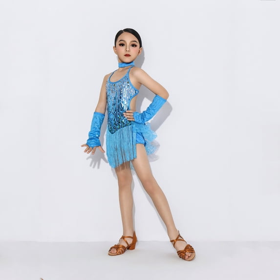 Kids Toddler Girls Sequin Fringe Latin Dance Dress with Gloves 5-6 Years