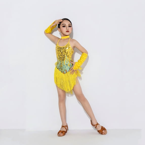 Kids Toddler Girls Sequin Fringe Latin Dance Dress with Gloves 5-6 Years