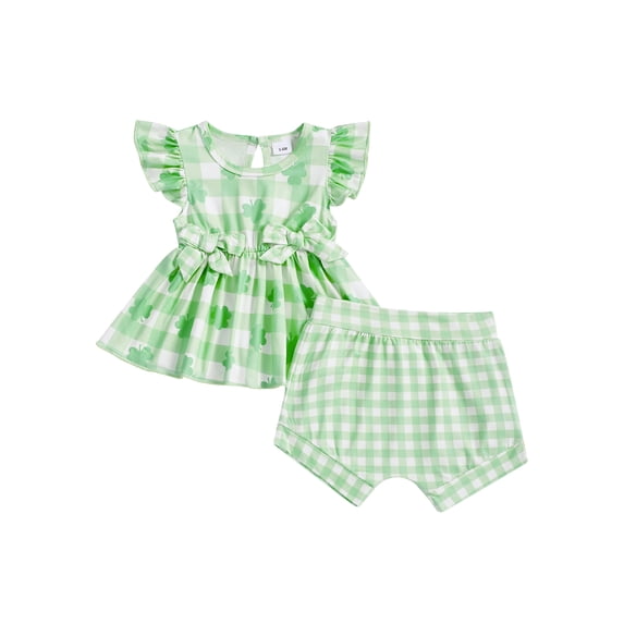 Kids Toddler Girls Shorts Set, 6 12 18 24 Months 2T 3T Fly Sleeve Bunny Clover Print Tops with Plaid Shorts Summer 2-piece Outfit