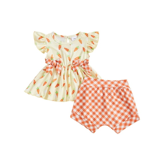 Kids Toddler Girls Shorts Set, 6 12 18 24 Months 2T 3T Fly Sleeve Bunny Clover Print Tops with Plaid Shorts Summer 2-piece Outfit