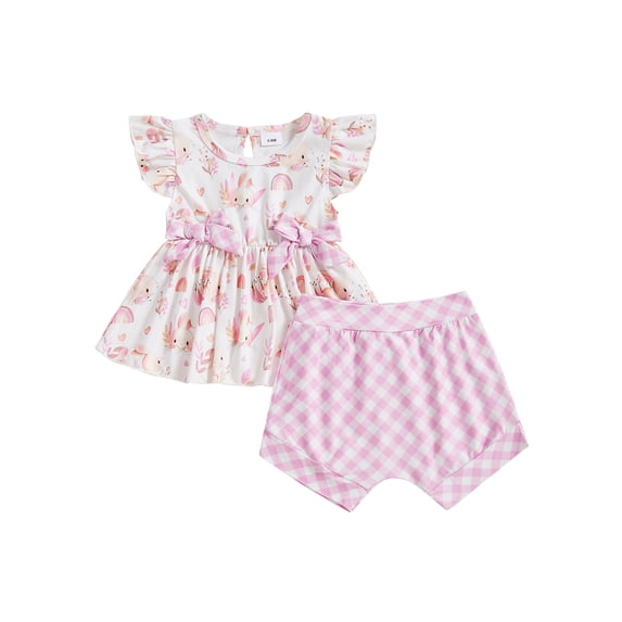 Kids Toddler Girls Shorts Set, 6 12 18 24 Months 2T 3T Fly Sleeve Bunny Clover Print Tops with Plaid Shorts Summer 2-piece Outfit