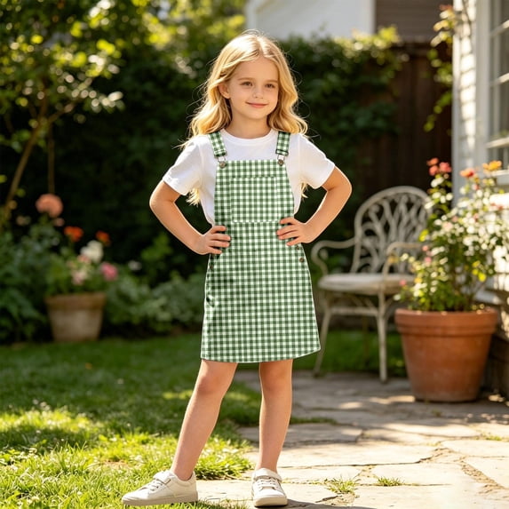 Kids Toddler Girls Sleeveless Square Neck Gingham Check Pinafore A-Line Mini Dress for Summer School Campus Casual Wear 6-7 Years