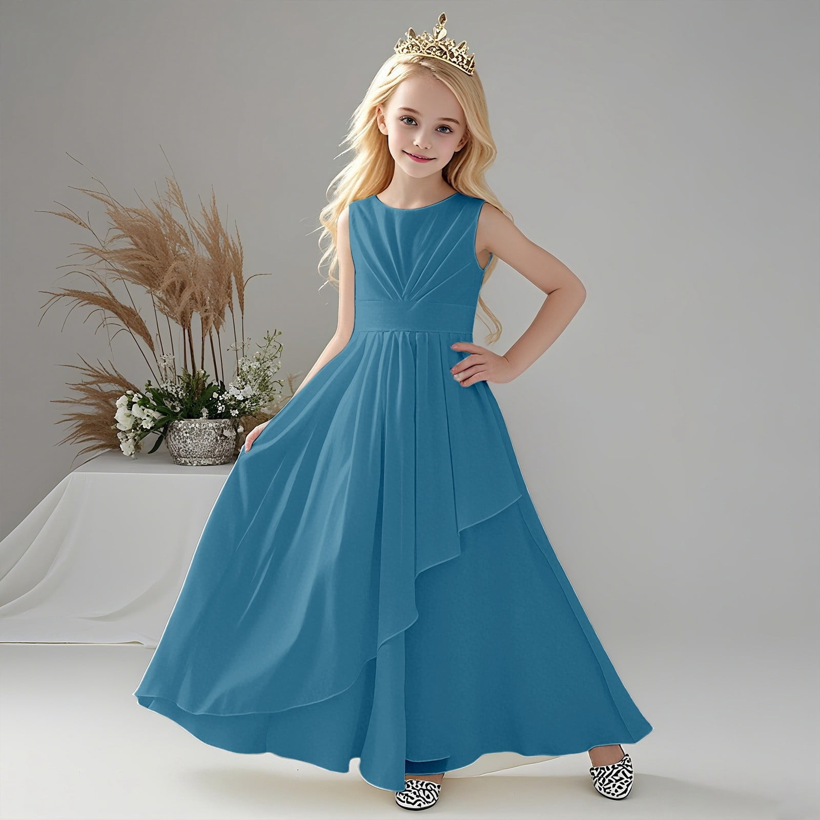 Kids Toddler Girls Solid Sleeveless Crew Neck Ruched A-Line Maxi Dress Kids Toddler Girls Solid Sleeveless Crew Neck Ruched A-Line Maxi Dress
