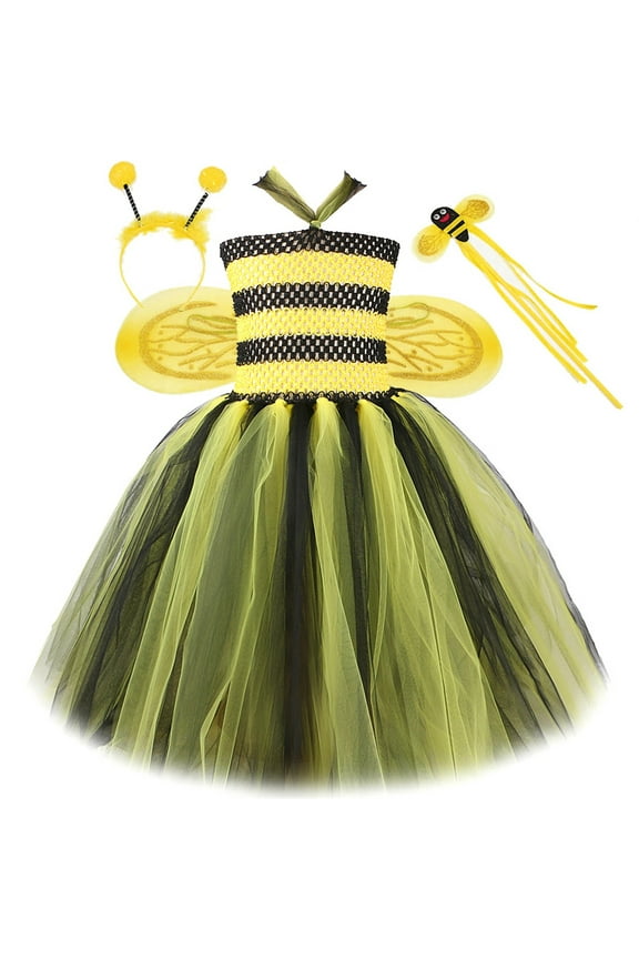 Kids Toddler Girls Spring Summer Floral Bee Fancy Dress Carnival Accessory Set Tutu Princess Dress