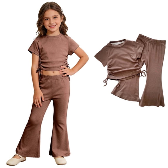 Kids Toddler Girls Summer Clothing 2pcs Sets Coffee Drawstring Short Sleeve T-Shirts and Flared Pants for 9-10 Years
