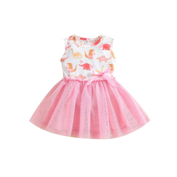 Kids Toddler Girls Summer Dresses Dinosaur Print Sleeveless One-Piece Tulle Tutu Dress Sundress