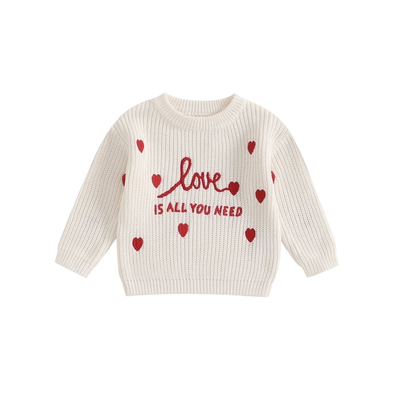 Kids Toddler Girls Sweater, 0 3 6 9 12 18 24 Months 2T 3T 4T Long Sleeve Crew Neck Embroidery Letters Heart Warm Winter Sweater Valentine’s Day Top