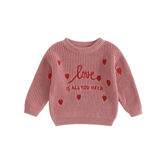Kids Toddler Girls Sweater, 0 3 6 9 12 18 24 Months 2T 3T 4T Long Sleeve Crew Neck Embroidery Letters Heart Warm Winter Sweater Valentine’s Day Top