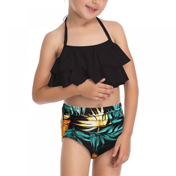 Kids Toddler Girls Two Piece Swimsuit Ruffles Bikini Set Beach Swimwear Sport Halter Top Tummy Control Bathing Suit - 2-12Y