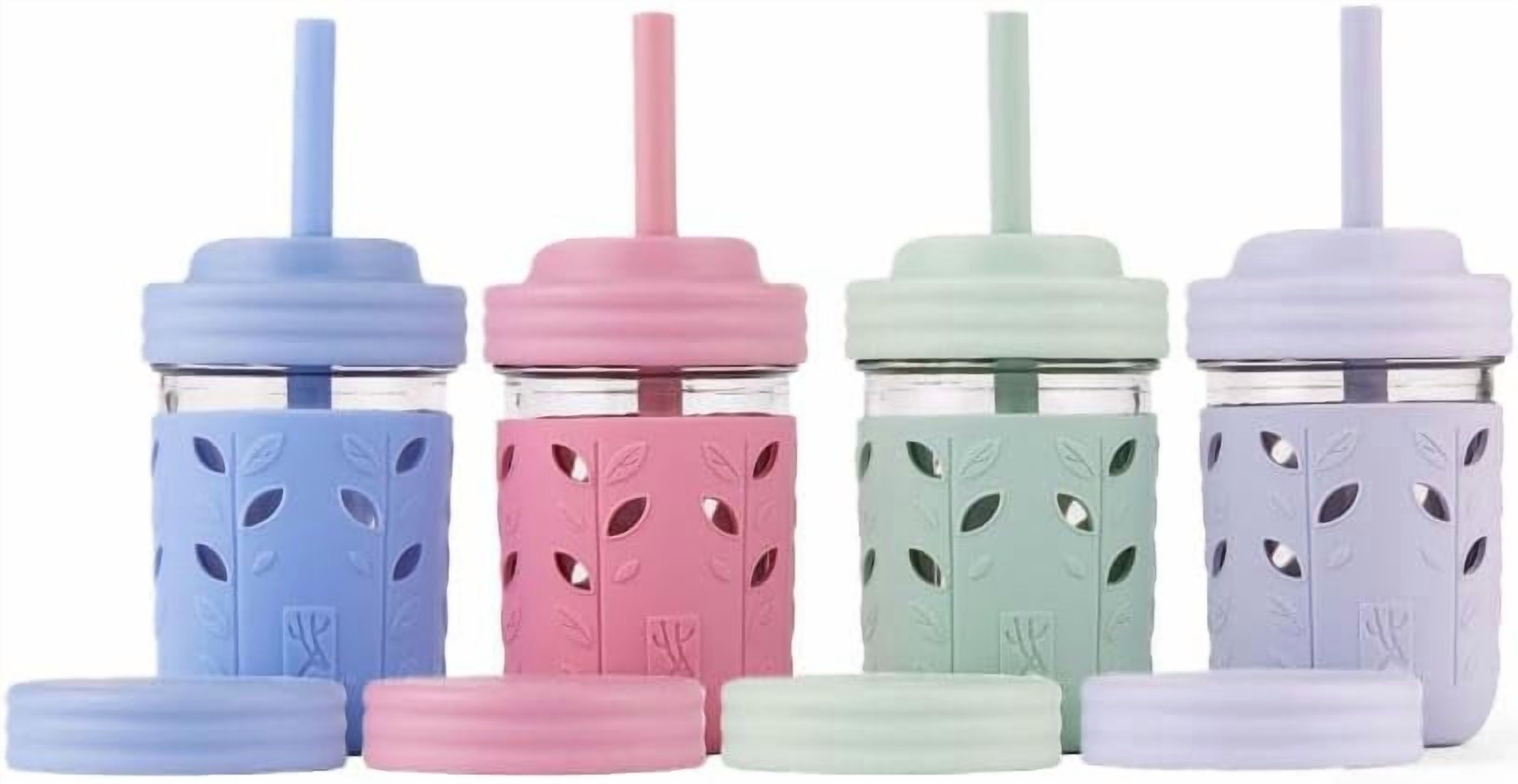 Kids + Toddler Glass Cups | The Original 8oz Glass Mason Jar with Sleeves + Lids | Silicone Straws + Stopper | Smoothie Cup | Food Storage | Spill Resistant | Dishwasher Safe | 4 Pack