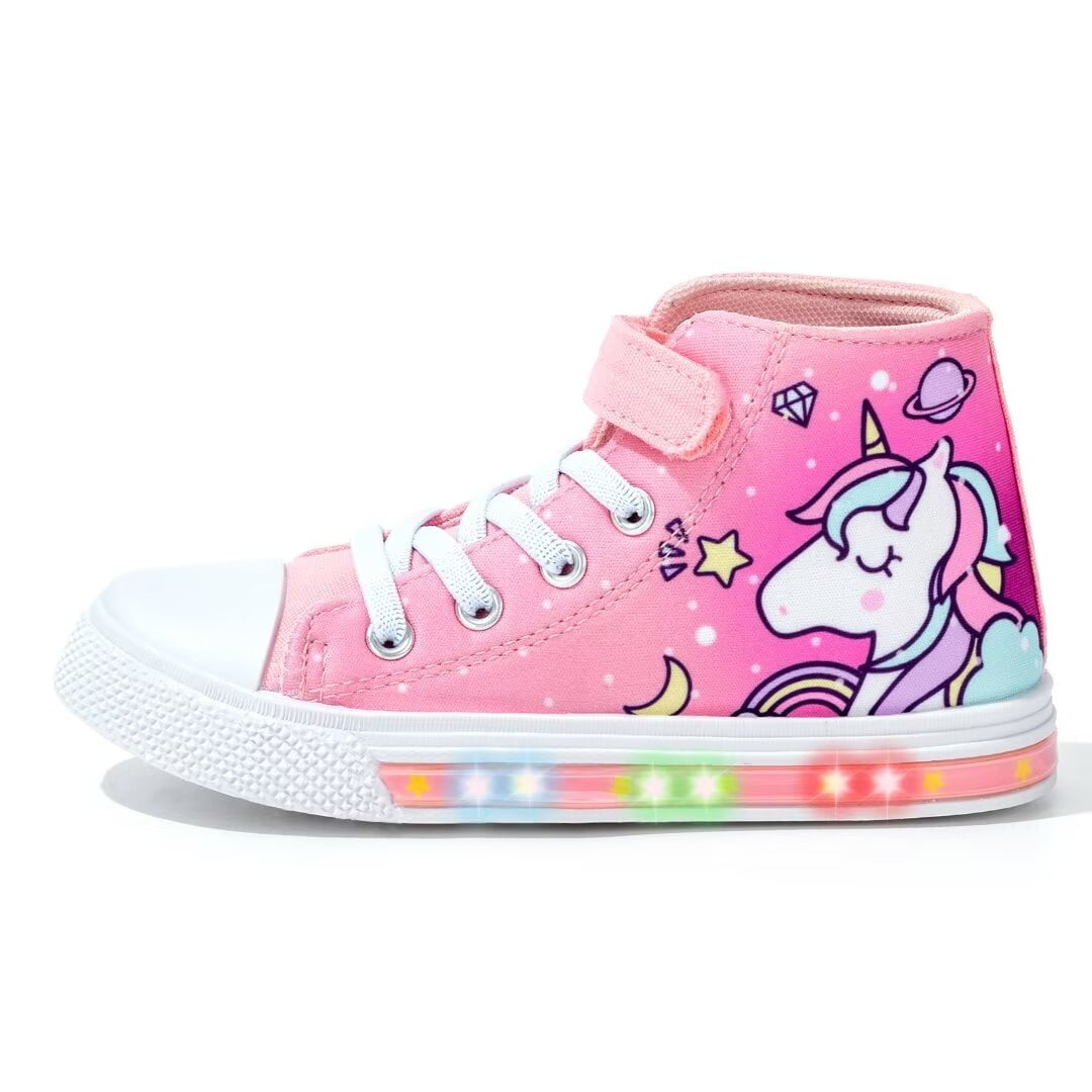 Girls Pink Sneakers Light Up Flashing Shoes Kids Easy Fasten High Top Canvas Sneaker Toddler Size 10