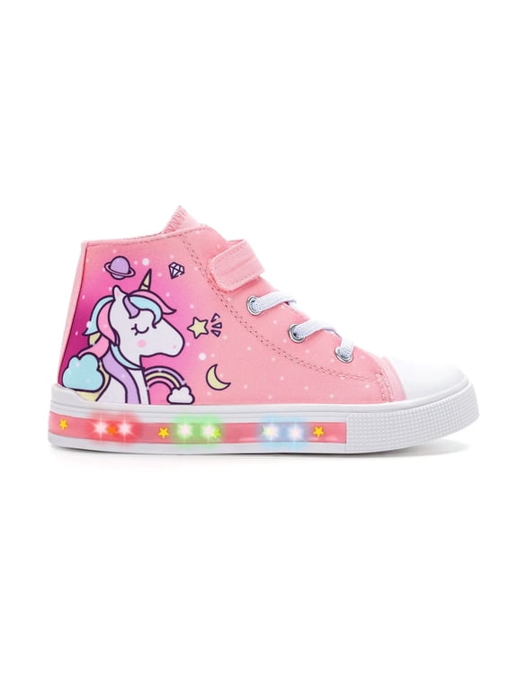 Girls Pink Sneakers Light Up Flashing Shoes Toddler Easy Fasten High Top Canvas Sneaker Little Kid Size 12