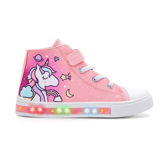 EUXTERPA Girls Pink Sneakers Light Up Flashing Shoes Toddler Easy Fasten High Top Canvas Sneaker Big Kid Size 2