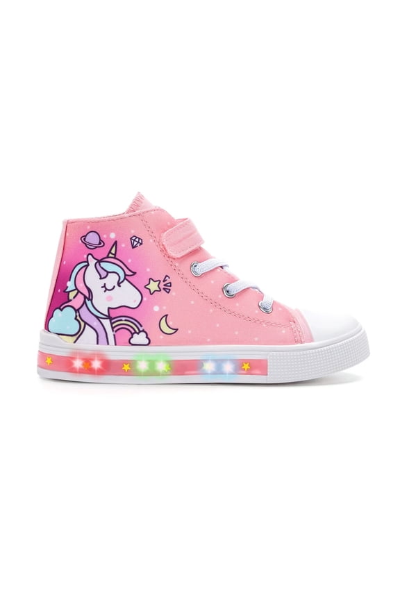 Girls Pink Sneakers Light Up Flashing Shoes Toddler Easy Fasten High Top Canvas Sneaker Big Kid Size 2