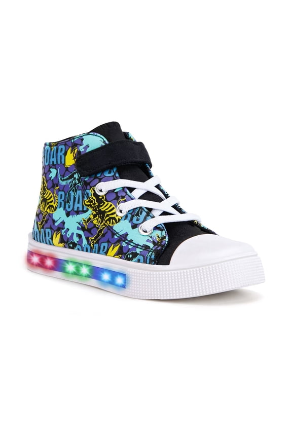 Toddler Kids Light Up Sneakers Boys High Top Canvas Shoes, Purple Dinosaur, Size 1
