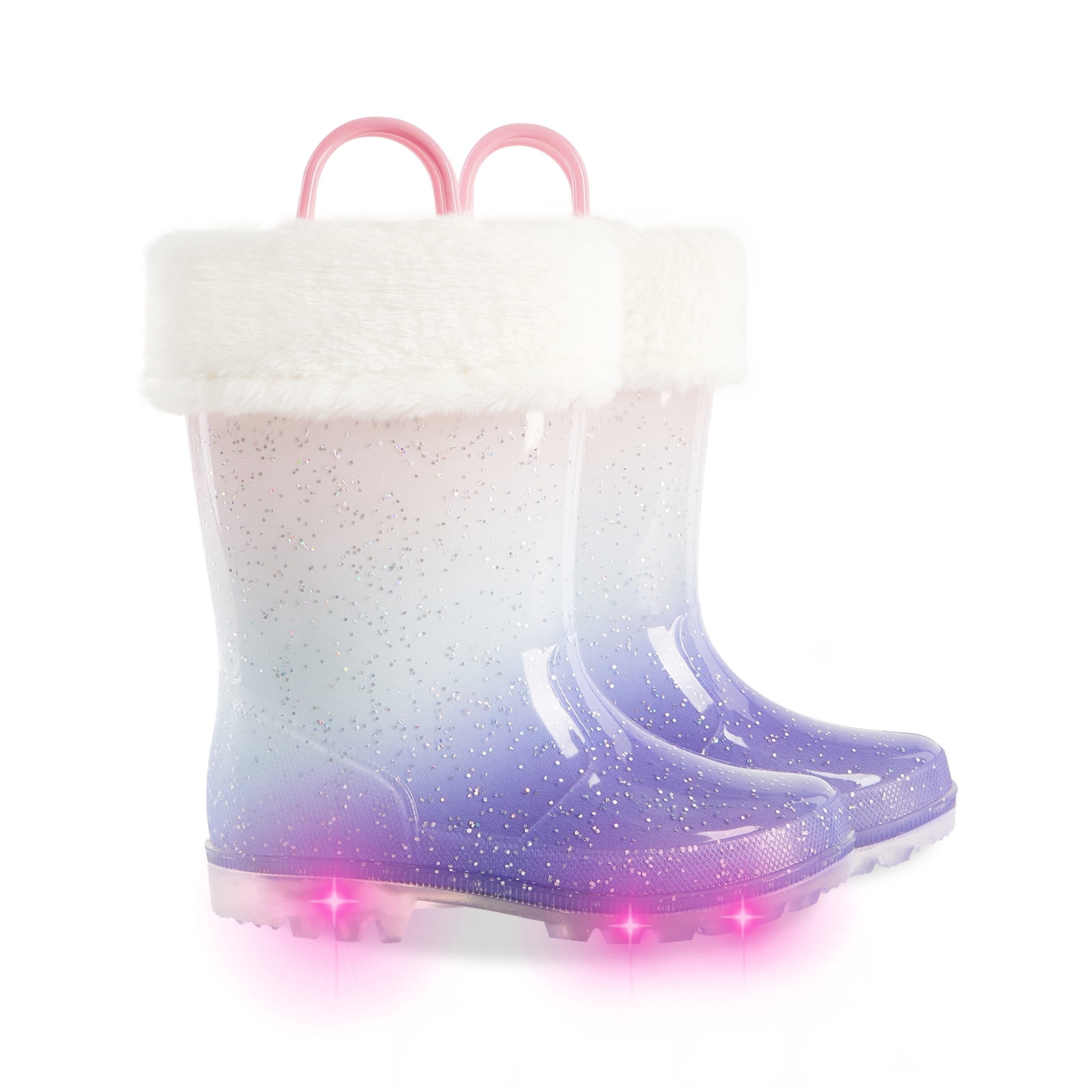 Kids Toddler Light up Rain Boots for Girls Winter Warm Glitter Boots with Removable Lining, Purple Gradient, Size 10