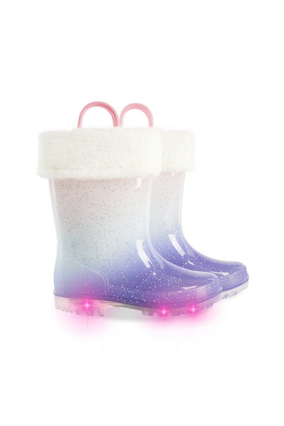 Kids Toddler Light up Rain Boots for Girls Winter Warm Glitter Boots with Removable Lining, Purple Gradient, Size 10
