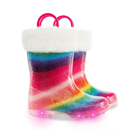 Kids Toddler Light up Rain Boots for Girls Winter Warm Glitter Boots with Removable Lining, Rainbow, Size 10
