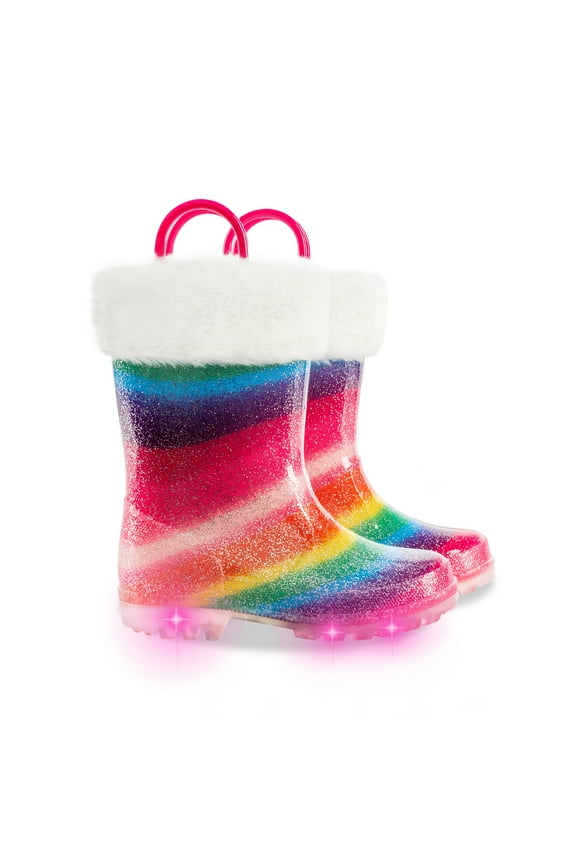 Kids Toddler Light up Rain Boots for Girls Winter Warm Glitter Boots with Removable Lining, Rainbow, Size 10