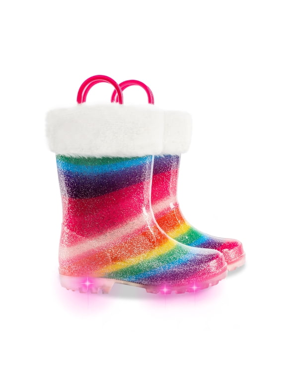 Kids Toddler Light up Rain Boots for Girls Winter Warm Glitter Boots with Removable Lining, Rainbow, Size 12