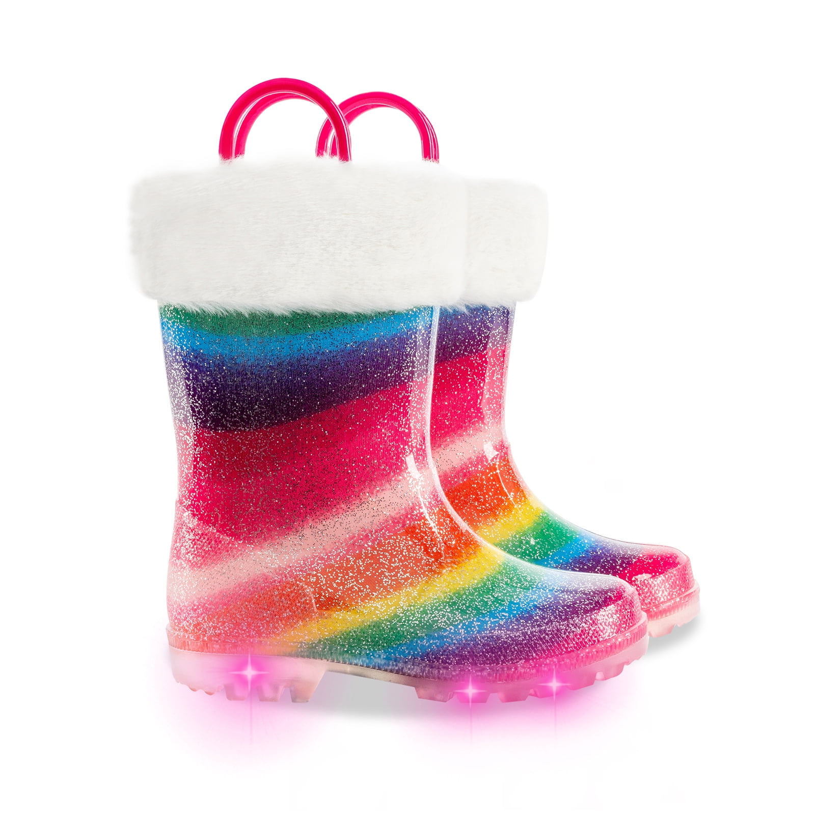 Kids Toddler Light up Rain Boots for Girls Winter Warm Glitter Boots with Removable Lining, Rainbow, Size 2