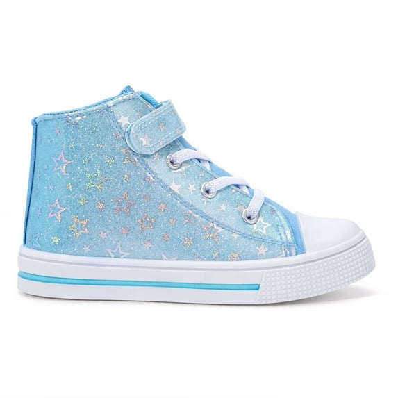 Kids Toddler Sneakers for Girls High Top Walking Canvas Shoes with Easy Wear Strap, Blue Stars PU, Size 13